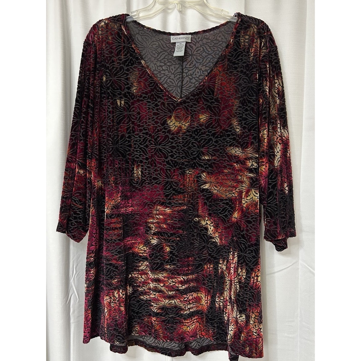 Catherines 2x 22/24w Red Velvet Burnout Tunic Top 3/4 Sleeve Plus